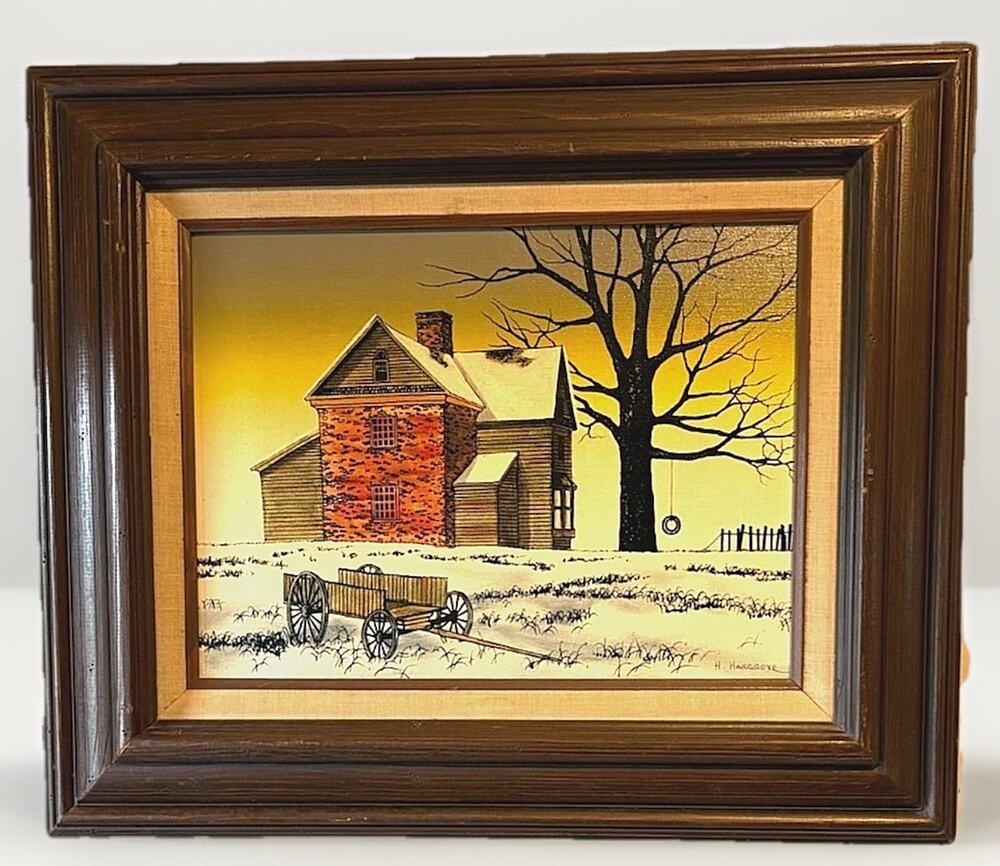 Vintage H Hargrove Signed Canvas Oil Painting Winter Snow Scene "24W X"20 T